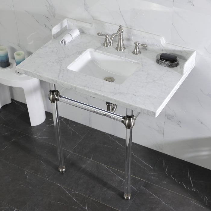 Fauceture LMS36MASQ8 36-Inch Carrara Marble Console Sink with Acrylic Legs, Marble White/Brushed Nickel