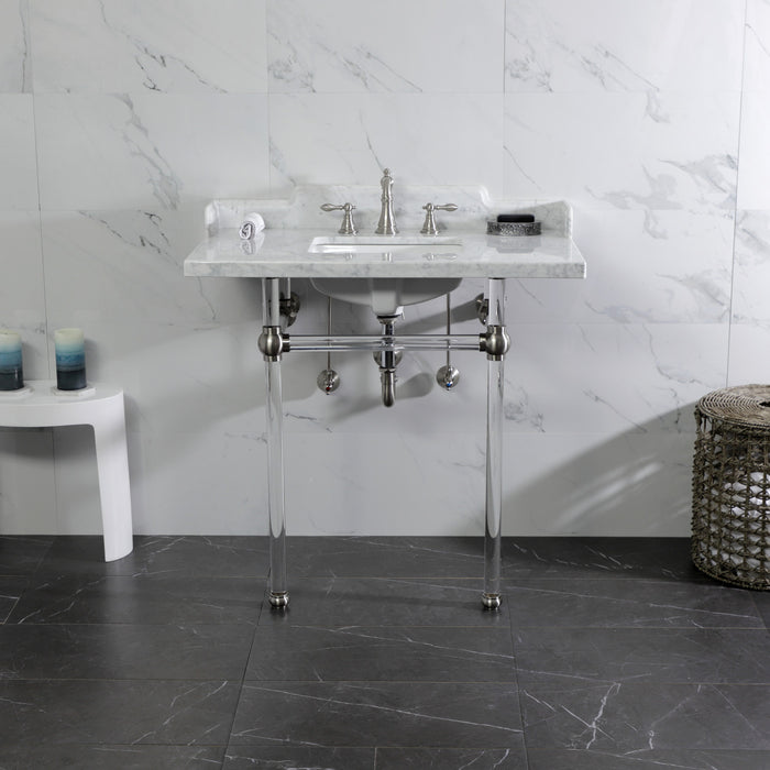 Fauceture LMS36MASQ8 36-Inch Carrara Marble Console Sink with Acrylic Legs, Marble White/Brushed Nickel