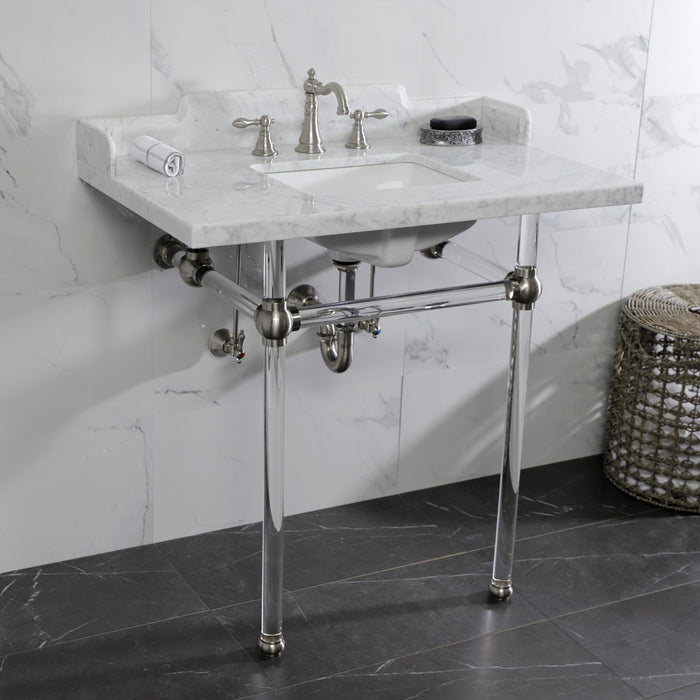 Fauceture LMS36MASQ8 36-Inch Carrara Marble Console Sink with Acrylic Legs, Marble White/Brushed Nickel