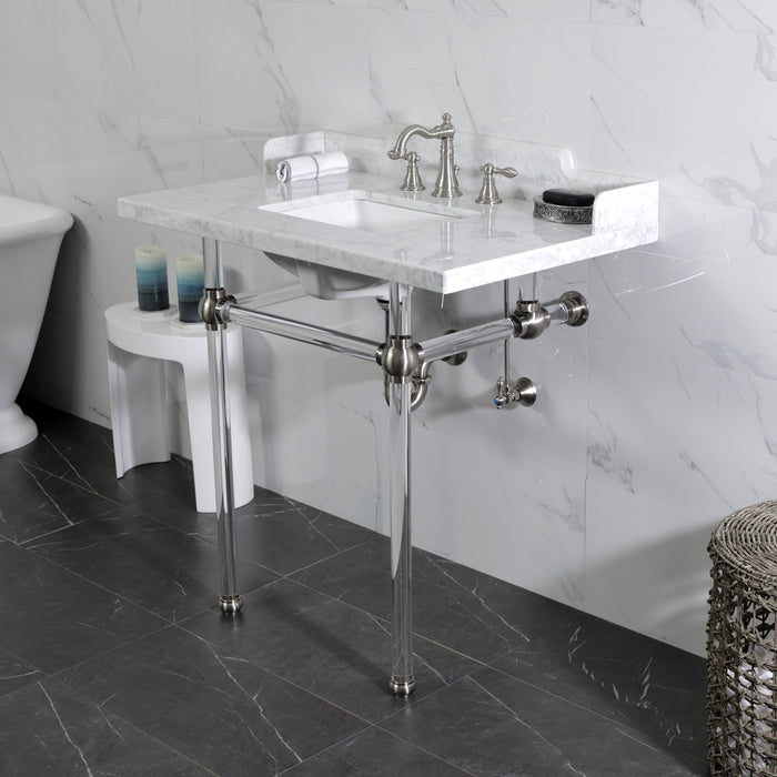 Fauceture LMS36MASQ8 36-Inch Carrara Marble Console Sink with Acrylic Legs, Marble White/Brushed Nickel