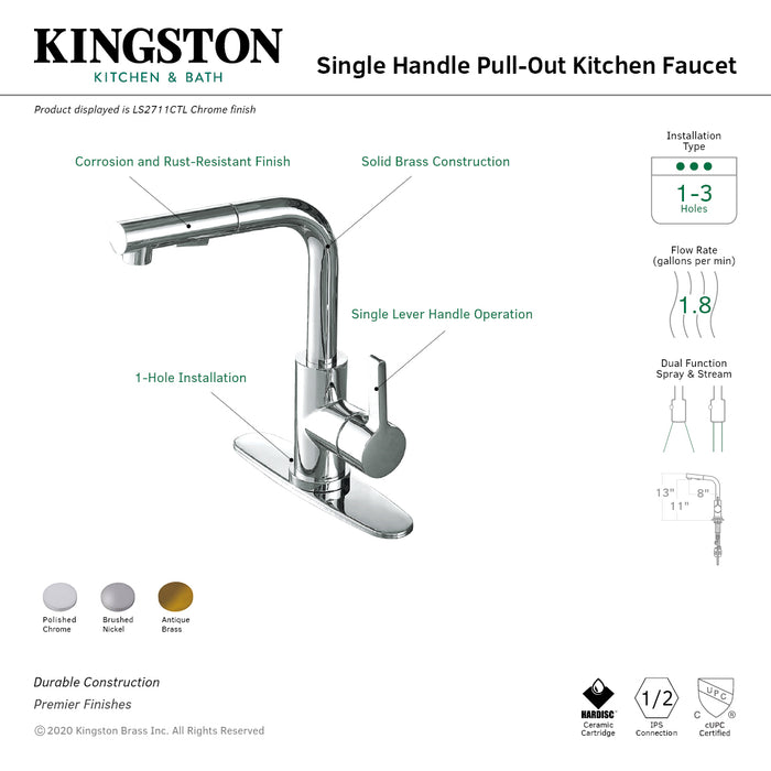 Continental LS2711CTL Single-Handle 1-Hole Deck Mount Pull-Out Sprayer Kitchen Faucet, Polished Chrome