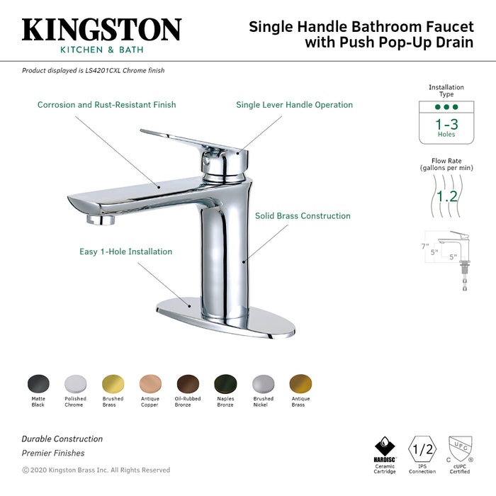 Frankfurt LS4201CXL One-Handle 1-Hole Bathroom Faucet with Deck Plate and Push Pop-Up Drain, Polished Chrome