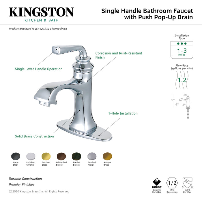 Restoration LS4423RXL One-Handle 1-Hole Bathroom Faucet with Deck Plate and Push Pop-Up Drain, Brushed Brass