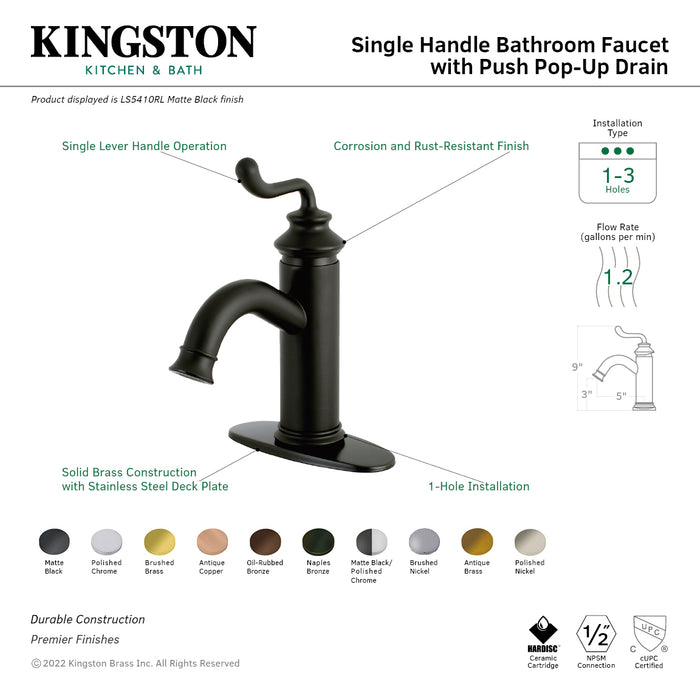 Royale LS5410RL Single-Handle 1-Hole Deck Mount Bathroom Faucet with Push Pop-Up, Matte Black