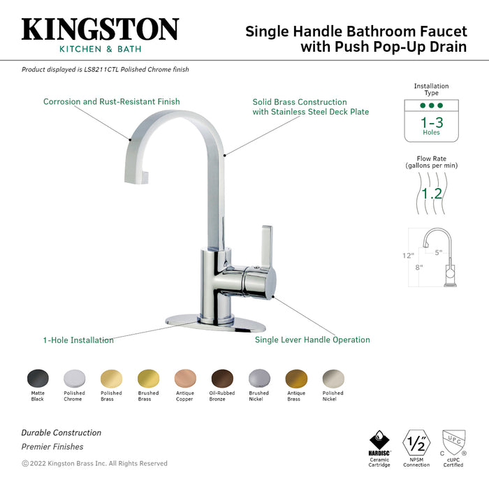 Continental LS8218CTL One-Handle 1-Hole Bathroom Faucet with Deck Plate and Push Pop-Up Drain, Brushed Nickel