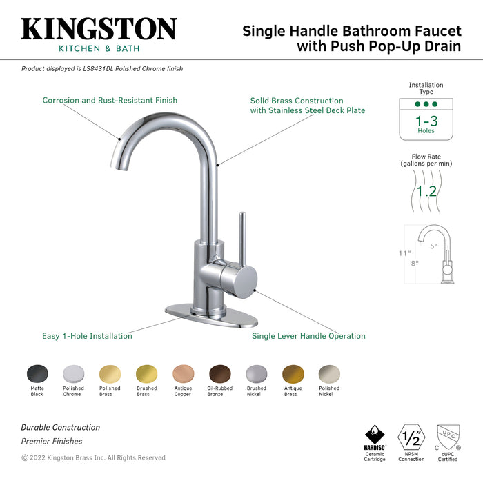 Concord LS8432DL One-Handle 1-Hole Bathroom Faucet with Deck Plate and Push Pop-Up Drain, Polished Brass