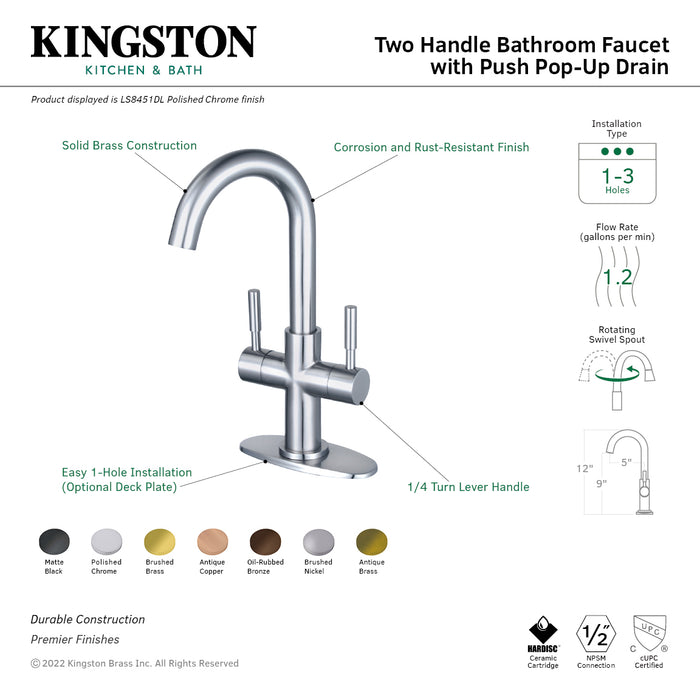 Concord LS8450DL Two-Handle 1-Hole Bathroom Faucet with Deck Plate and Push Pop-Up Drain, Matte Black