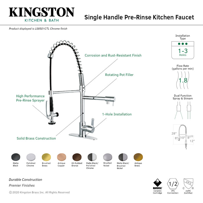 Continental LS8508CTL Single-Handle 1-Hole Deck Mount Pre-Rinse Kitchen Faucet, Brushed Nickel