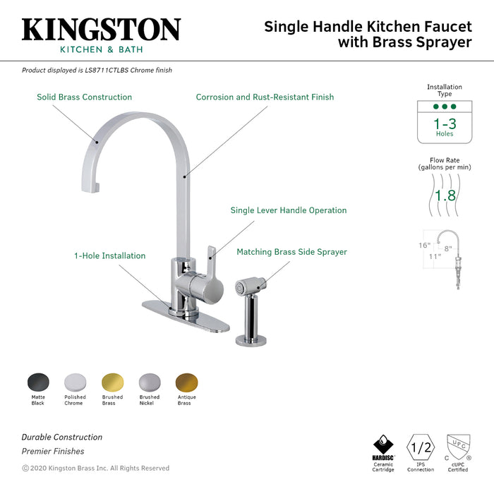 Continental LS8710CTLBS Single-Handle 1-or-3 Hole Deck Mount Kitchen Faucet with Brass Side Sprayer, Matte Black