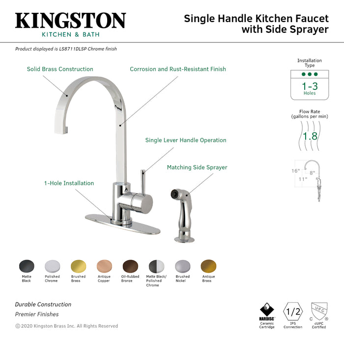 Concord LS8710DLSP Single-Handle 2-Hole Deck Mount Kitchen Faucet with Side Sprayer, Matte Black