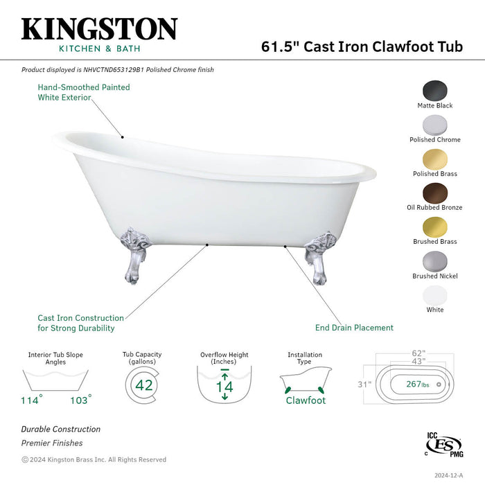 Aqua Eden NHVCTND653129B1 61-Inch Cast Iron Oval Single Slipper Clawfoot Tub (No Faucet Drillings), White/Polished Chrome