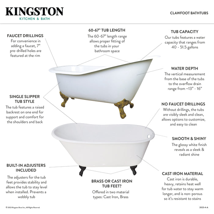 Aqua Eden NHVCTND653129B2 61-Inch Cast Iron Oval Single Slipper Clawfoot Tub (No Faucet Drillings), White/Polished Brass