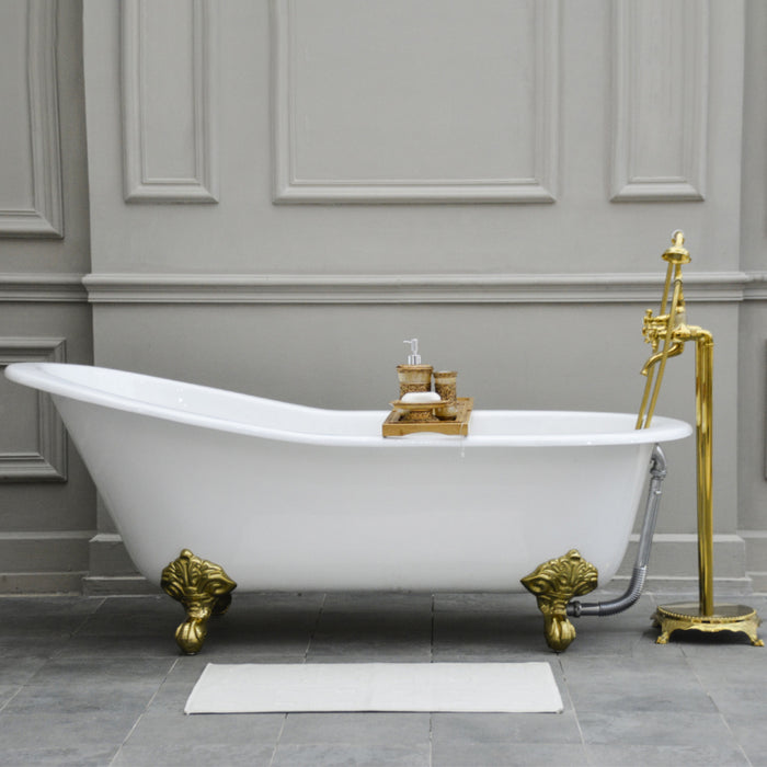 Aqua Eden NHVCTND653129B2 61-Inch Cast Iron Oval Single Slipper Clawfoot Tub (No Faucet Drillings), White/Polished Brass