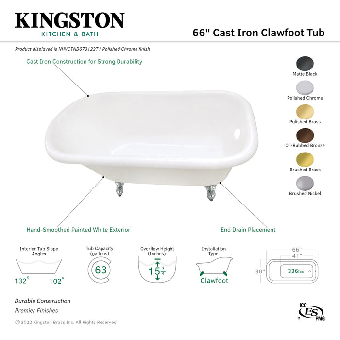 Aqua Eden NHVCTND673123T0 66-Inch Cast Iron Oval Rectangular Roll Top Clawfoot Tub (No Faucet Drillings), White/Matte Black