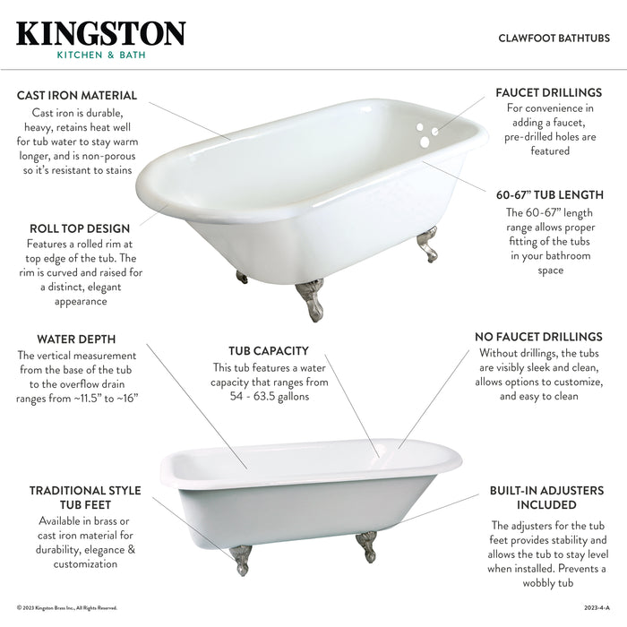 Aqua Eden NHVCTND673123T2 66-Inch Cast Iron Oval Rectangular Roll Top Clawfoot Tub (No Faucet Drillings), White/Polished Brass