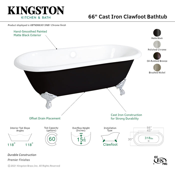 Aqua Eden VBTND663013NB0 66-Inch Cast Iron Oval Double Ended Clawfoot Tub (No Faucet Drillings), White/Matte Black