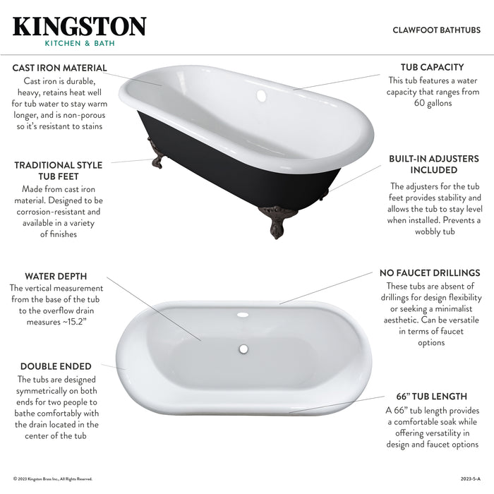 Aqua Eden VBTND663013NB0 66-Inch Cast Iron Oval Double Ended Clawfoot Tub (No Faucet Drillings), White/Matte Black