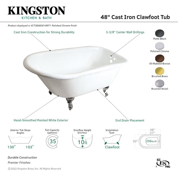 Aqua Eden VCT3D483018NT5 48-Inch Cast Iron D-Shaped Roll Top Clawfoot Tub (3-3/8-Inch Wall Drillings), White/Oil Rubbed Bronze