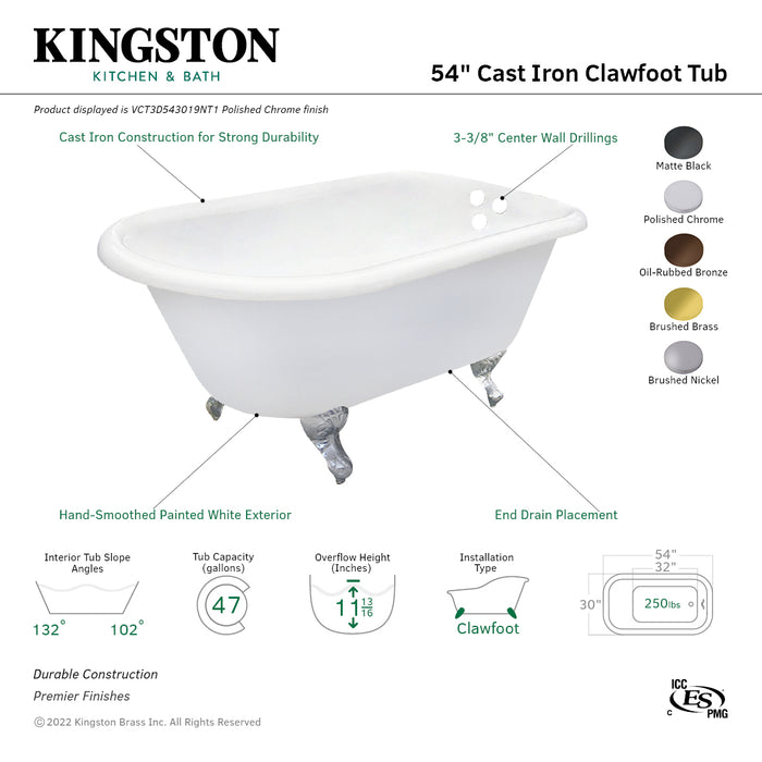 Aqua Eden VCT3D543019NT5 54-Inch Cast Iron Roll Top Clawfoot Tub with 3-3/8 Inch Wall Drillings, White/Oil Rubbed Bronze