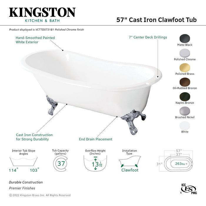 Tazatina VCT7D5731B2 57-Inch Cast Iron Single Slipper Clawfoot Tub with 7-Inch Faucet Drillings, White/Polished Brass