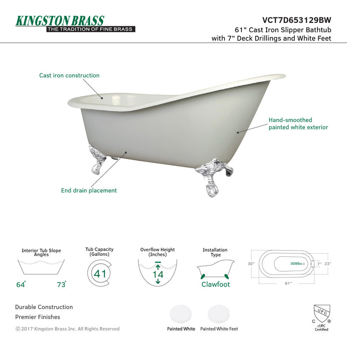 Aqua Eden VCT7D653129BW 61-Inch Cast Iron Single Slipper Clawfoot Tub with  7-Inch Faucet Drillings, White