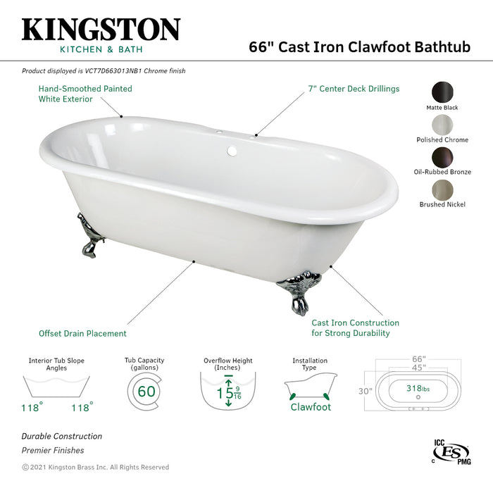 Aqua Eden VCT7D663013NB0 66-Inch Cast Iron Oval Double Ended Clawfoot Tub (7-Inch Faucet Drillings), White/Matte Black