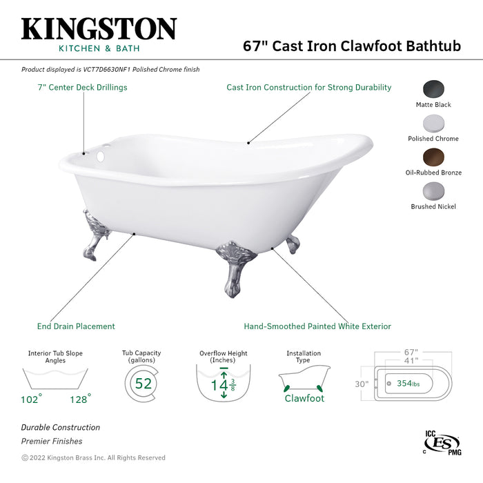 Aqua Eden VCT7D6630NF5 67-Inch Cast Iron D-Shaped Single Slipper Clawfoot Tub (7-Inch Faucet Drillings), White/Oil Rubbed Bronze