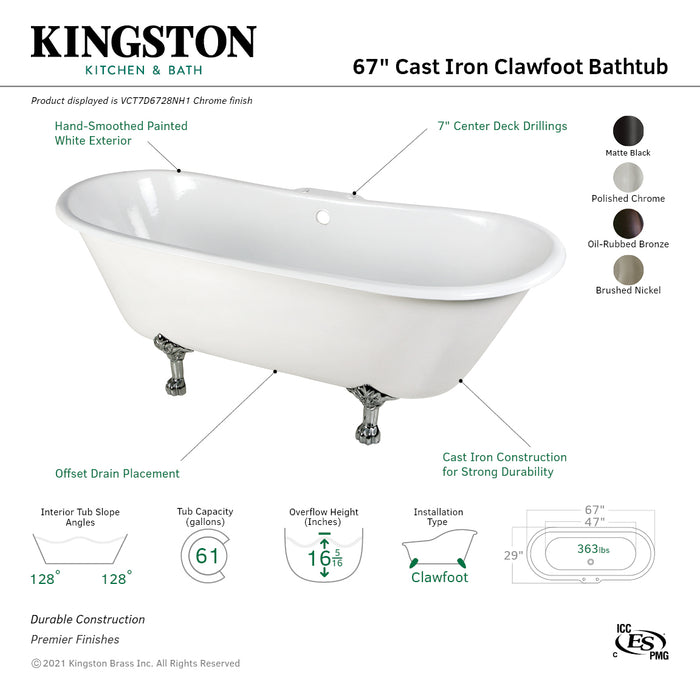 Aqua Eden VCT7D6728NH5 67-Inch Cast Iron Oval Double Slipper Clawfoot Tub (7-Inch Faucet Drillings), White/Oil Rubbed Bronze