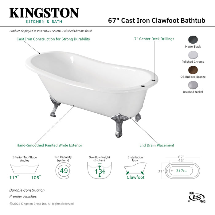 Aqua Eden VCT7D673122ZB1 67-Inch Cast Iron Oval Single Slipper Clawfoot Tub (7-Inch Faucet Drillings), White/Polished Chrome