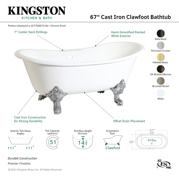 Aqua Eden VCT7DS6731NL2 67-Inch Cast Iron Oval Double Slipper Clawfoot Tub (7-Inch Faucet Drillings), White/Polished Brass