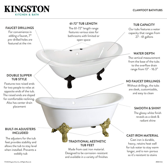 Aqua Eden VCT7DS6731NL2 67-Inch Cast Iron Oval Double Slipper Clawfoot Tub (7-Inch Faucet Drillings), White/Polished Brass