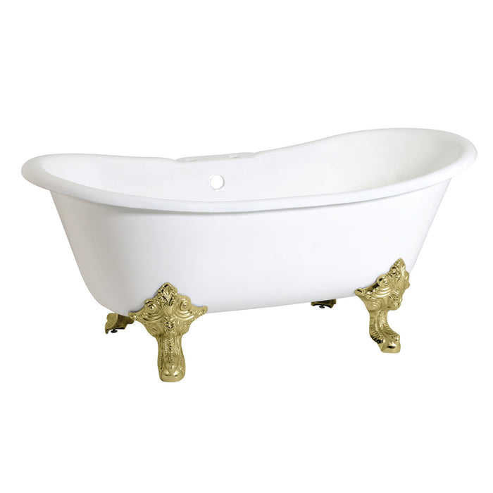 Aqua Eden VCT7DS6731NL2 67-Inch Cast Iron Oval Double Slipper Clawfoot Tub (7-Inch Faucet Drillings), White/Polished Brass