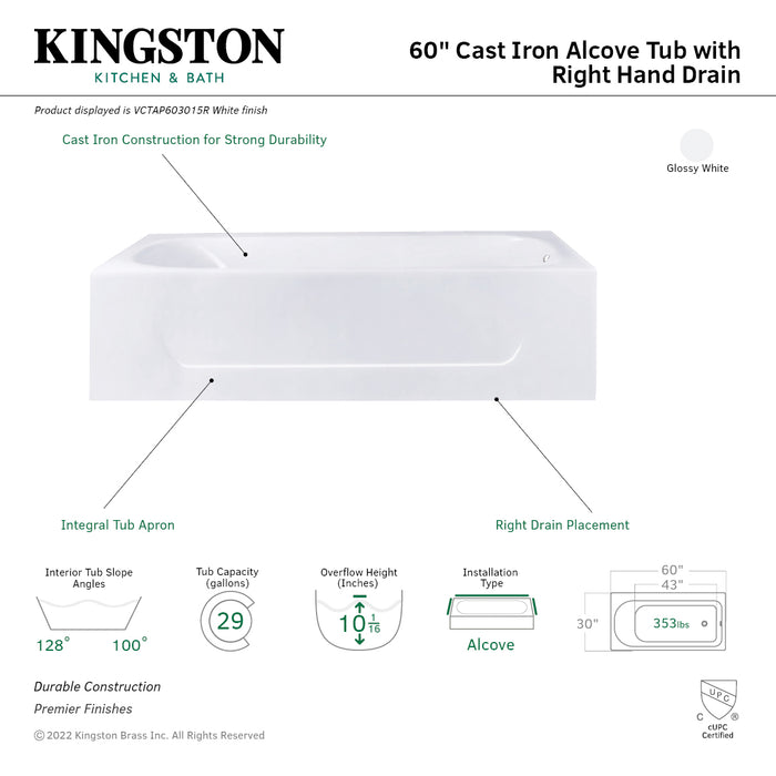 Aqua Eden VCTAP603015R 60-Inch Cast Iron Rectangular 3-Wall Alcove Tub, Right Drain Hole, White