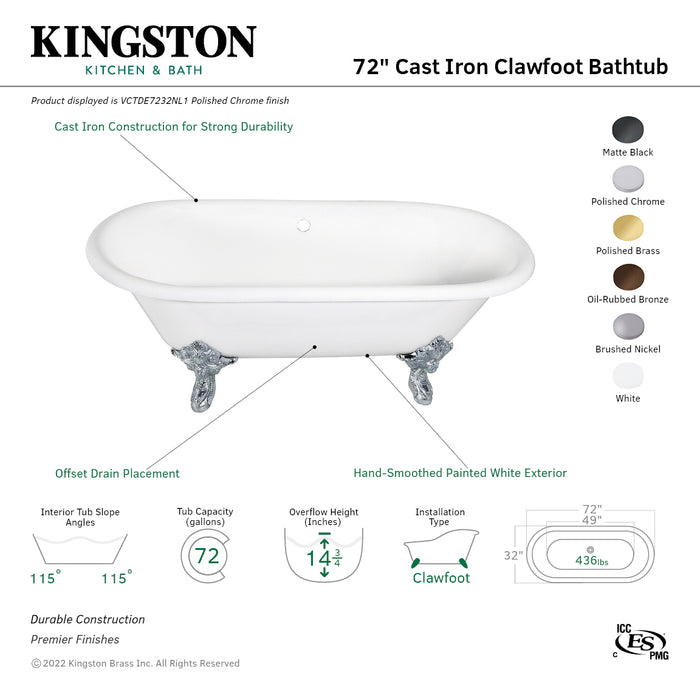 Aqua Eden VCTDE7232NL2 72-Inch Cast Iron Oval Double Ended Clawfoot Tub (No Faucet Drillings), White/Polished Brass