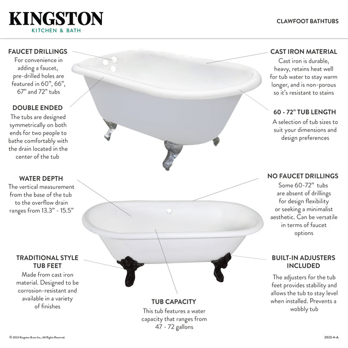 Aqua Eden VCTDE7232NL2 72-Inch Cast Iron Oval Double Ended Clawfoot Tub (No Faucet Drillings), White/Polished Brass