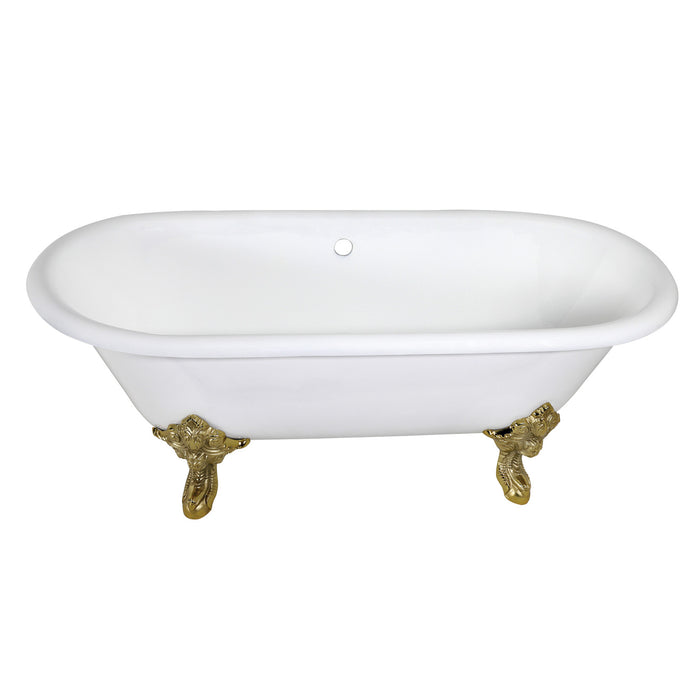 Aqua Eden VCTDE7232NL2 72-Inch Cast Iron Oval Double Ended Clawfoot Tub (No Faucet Drillings), White/Polished Brass