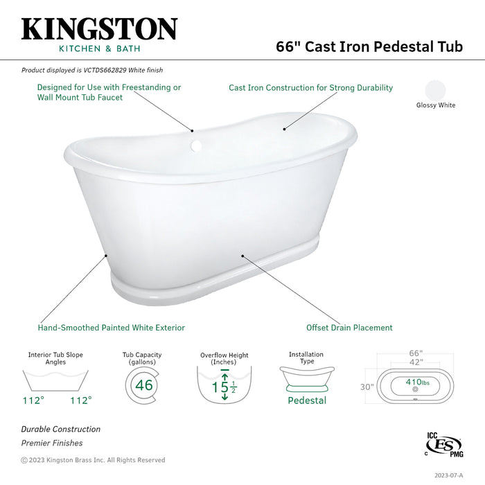 Aqua Eden VCTDS662829 66-Inch Cast Iron Oval Double Slipper Pedestal Tub (No Faucet Drillings), White