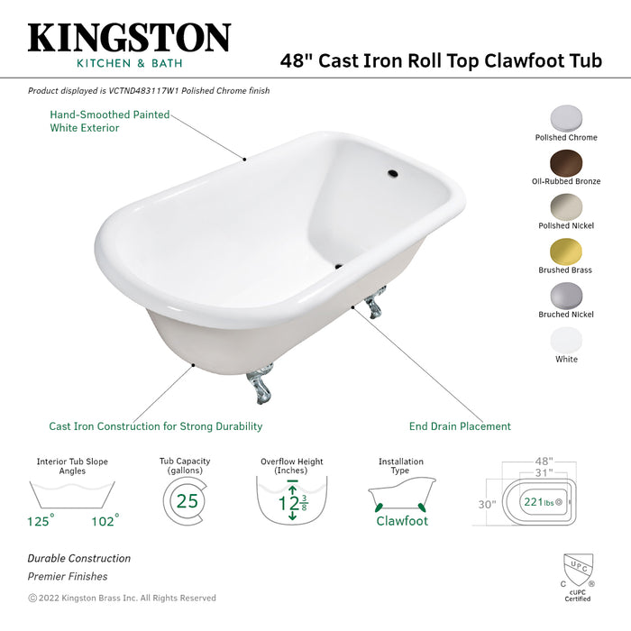 Aqua Eden VCTND483117W1 48-Inch Cast Iron D-Shaped Roll Top Clawfoot Tub (No Faucet Drillings), White/Polished Chrome