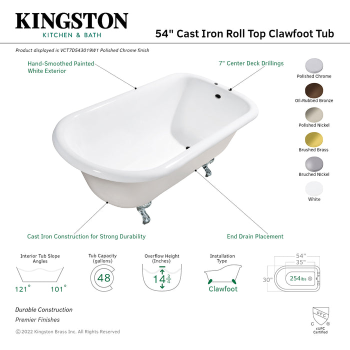 Aqua Eden VCTND483117W6 48-Inch Cast Iron D-Shaped Roll Top Clawfoot Tub (No Faucet Drillings), White/Polished Nickel