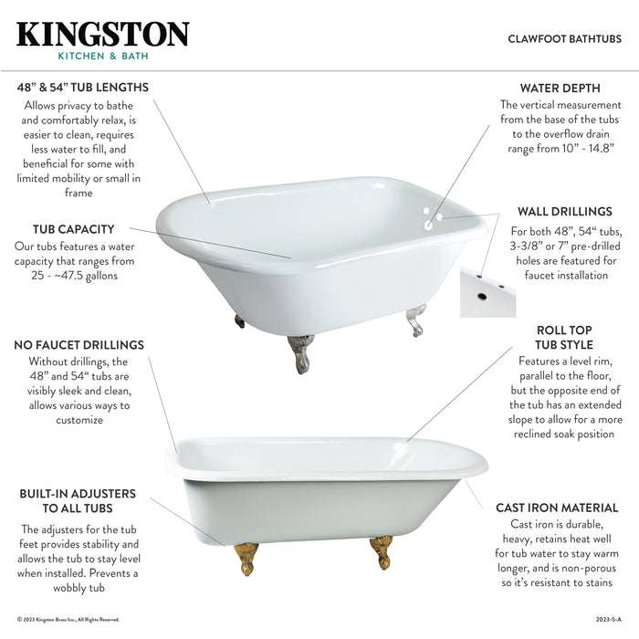 Aqua Eden VCTND483117W6 48-Inch Cast Iron D-Shaped Roll Top Clawfoot Tub (No Faucet Drillings), White/Polished Nickel