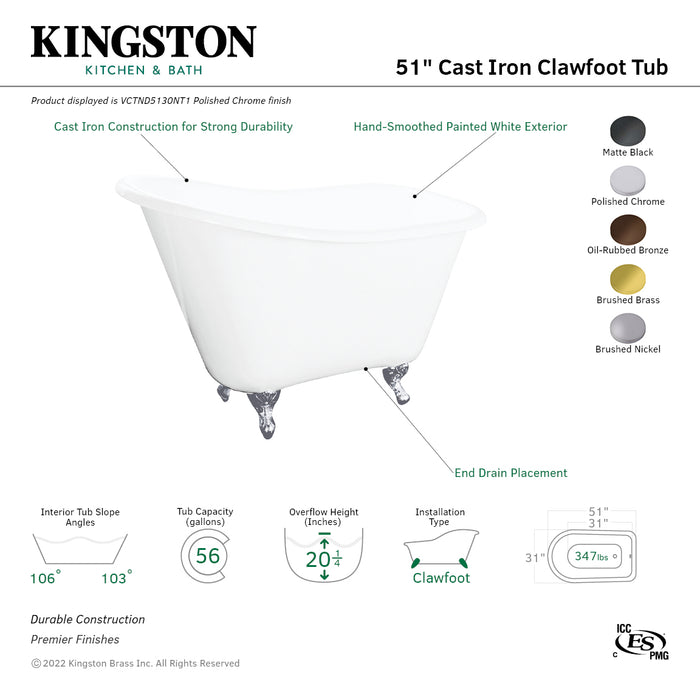 Tazatina VCTND5130NT1 51-Inch Cast Iron D-Shaped Single Slipper Clawfoot Tub (No Faucet Drillings), White/Polished Chrome