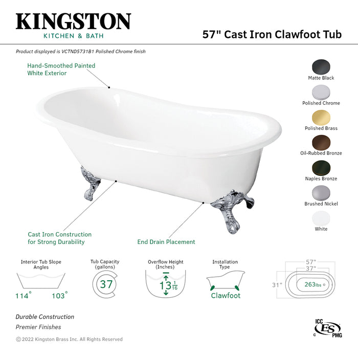 Tazatina VCTND5731B2 57-Inch Cast Iron Oval Single Slipper Clawfoot Tub (No Faucet Drillings), White/Polished Brass