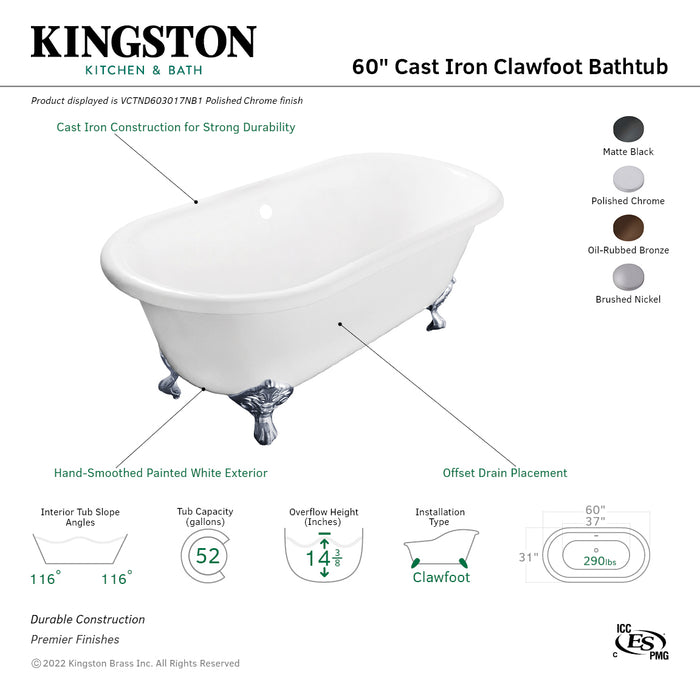 Aqua Eden VCTND603017NB1 60-Inch Cast Iron Oval Double Ended Clawfoot Tub (No Faucet Drillings), White/Polished Chrome