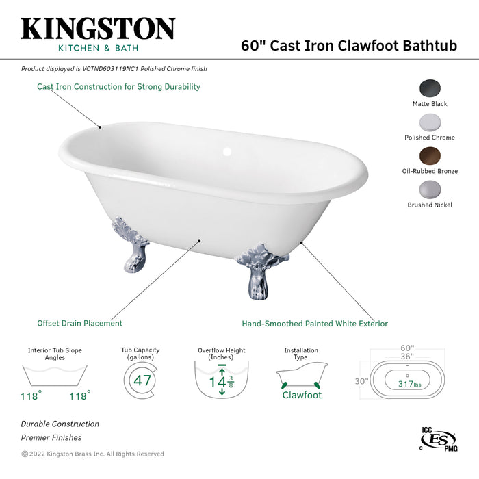 Aqua Eden VCTND603119NC1 60-Inch Cast Iron Oval Double Ended Clawfoot Tub (No Faucet Drillings), White/Polished Chrome