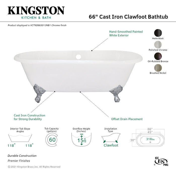 Aqua Eden VCTND663013NB1 66-Inch Cast Iron Oval Double Ended Clawfoot Tub (No Faucet Drillings), White/Polished Chrome