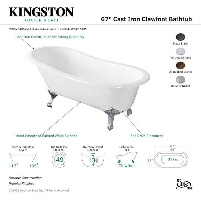 Aqua Eden VCTND673122ZB0 67-Inch Cast Iron Oval Single Slipper Clawfoot Tub (No Faucet Drillings), White/Matte Black