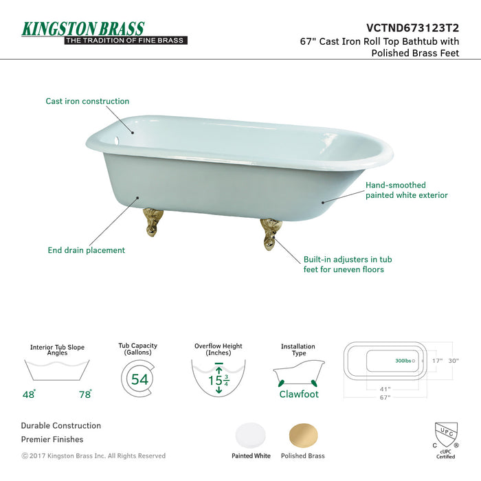 Aqua Eden VCTND673123T2 67-Inch Cast Iron Oval Rectangular Roll Top Clawfoot Tub (No Faucet Drillings), White/Polished Brass