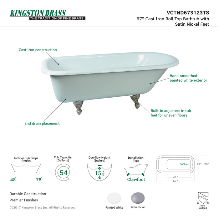 Aqua Eden VCTND673123T8 67-Inch Cast Iron Oval Rectangular Roll Top Clawfoot Tub (No Faucet Drillings), White/Brushed Nickel