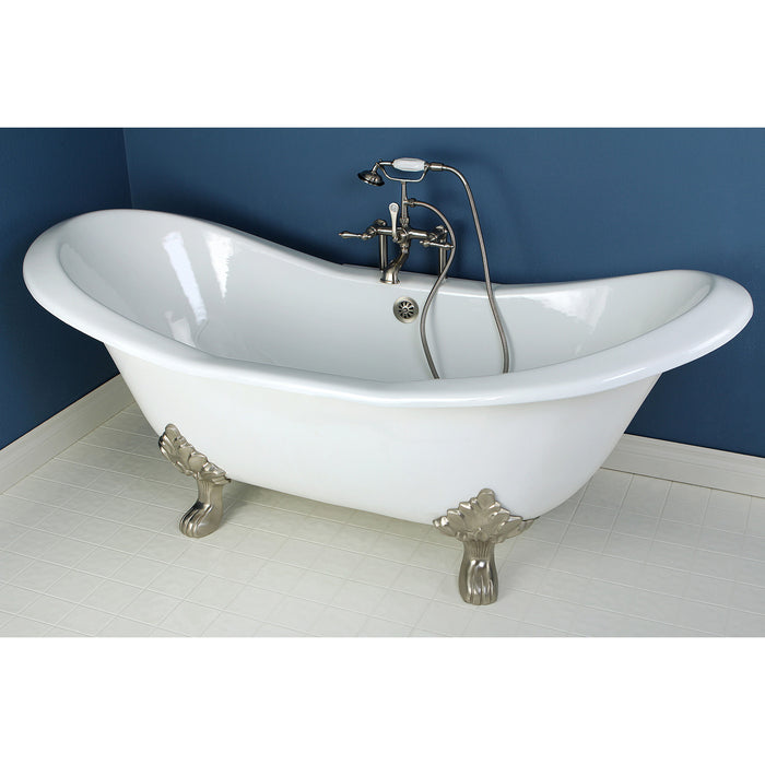 Aqua Eden VCTND7231NC8 72-Inch Cast Iron Oval Double Slipper Clawfoot Tub (No Faucet Drillings), White/Brushed Nickel