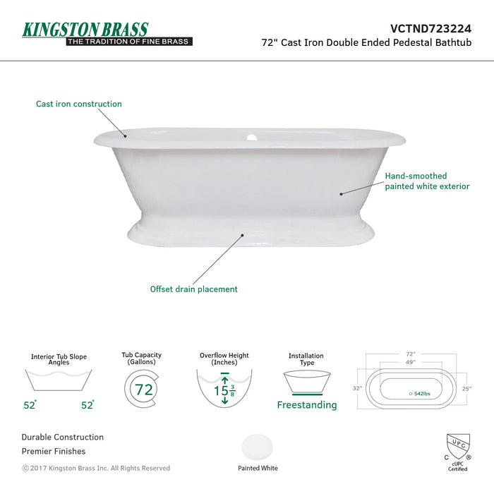 Aqua Eden VCTND723224 72-Inch Cast Iron Oval Double Ended Pedestal Tub (No Faucet Drillings), White